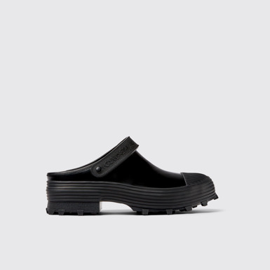 Side view of Traktori Black Leather Clogs