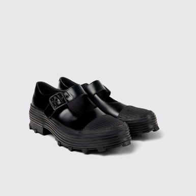 Front view of Traktori Black Leather Mary Jane Clogs