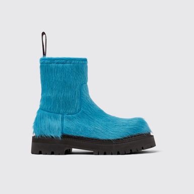 Side view of Eki Blue long calf hair boots