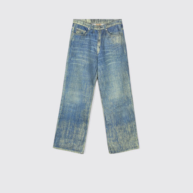 Side view of Denim Sand Blue Paint Print Denim Jeans