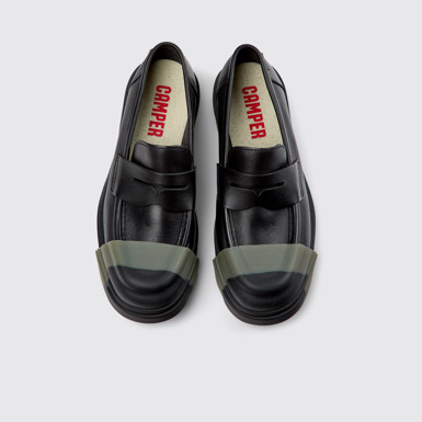 Overhead view of Junction Black Leather Moccasin Shoes for Men.
