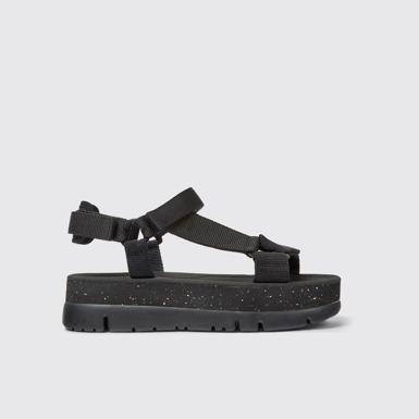 Side view of Oruga Up Black recycled PET sandals for women