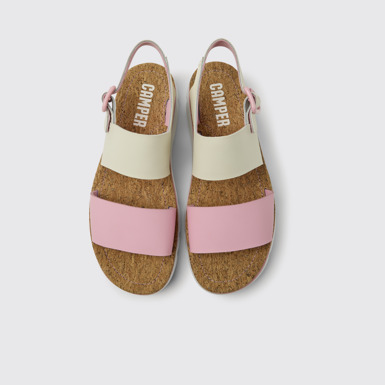 Overhead view of Oruga White and pink leather sandals for women