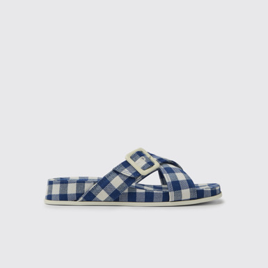 Side view of Atonik Blue and white sandals for women