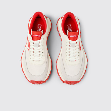 Overhead view of Drift Trail VIBRAM White Recycled PET and Nubuck Women's Sneakers.