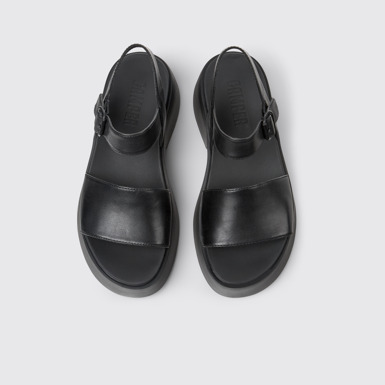 Overhead view of Tasha Black Leather Sandals for Women.