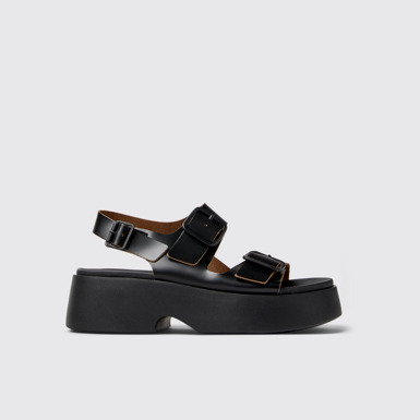 Side view of Tasha Black Leather Sandals for Women.