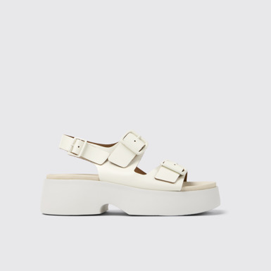Tasha White Leather Sandals for Women. modelin yandan görünümü