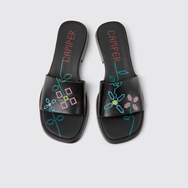 Overhead view of Twins Black Leather Women's Sandal.