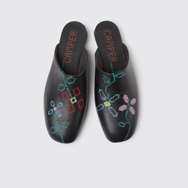 Overhead view of Twins Black Leather Women's Sandal.