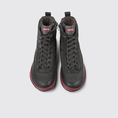 Overhead view of Peu Pista Gray recycled nylon and leather boots for women