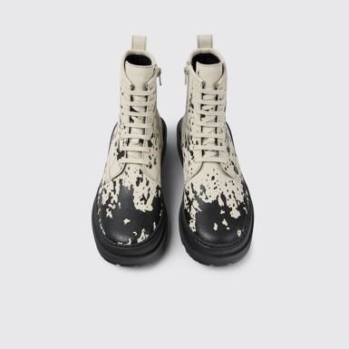 Overhead view of Brutus Trek White and black leather boots for women