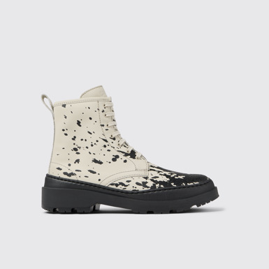 Side view of Brutus Trek White and black leather boots for women