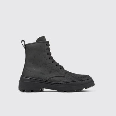 Side view of Brutus Trek Gray and black leather boots for women
