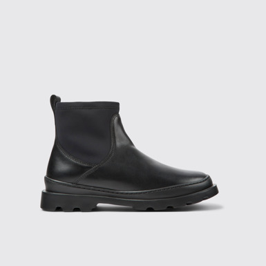 Side view of Brutus Black leather and textile ankle boots for women