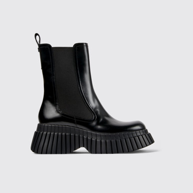 Side view of BCN Black leather chelsea boots for women