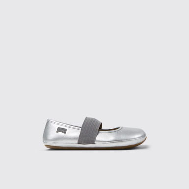 Side view of Right Silver Leather Ballerina for Kids.