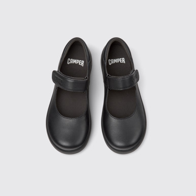 Overhead view of Spiral Comet Black Leather Shoes for Kids.