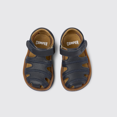 Overhead view of Bicho Closed navy T-strap sandal for kids