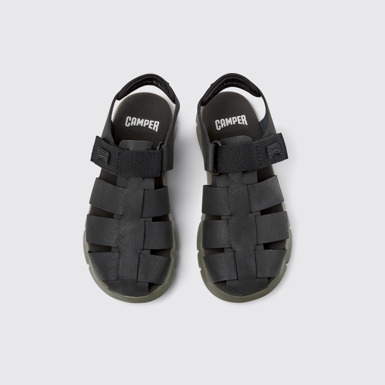 Overhead view of Oruga # Black Leather and Textile Kids' Sandal.