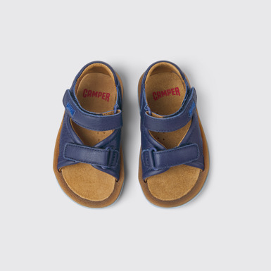Overhead view of Bicho Navy blue leather sandals for kids