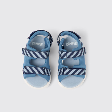 Overhead view of Oruga Blue textile sandals for kids