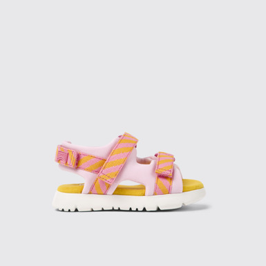 Side view of Oruga Pink and orange textile sandals for kids