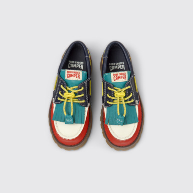 Overhead view of Bobo Choses x Camper Multicolor Leather and Nubuck Moccasins for Kids.