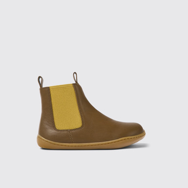 Side view of Peu Brown leather ankle boots for kids