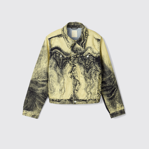 Image of Side view of Denim Jacket  Yellow-Black Distorted Print Denim Jacket