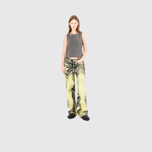 Image of Denim Jeans Yellow-Black Distorted Print Denim Jeans