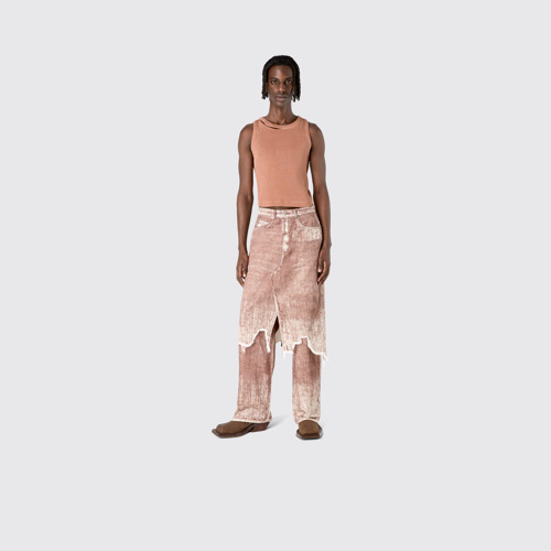 Image of Denim Skirt Terracotta Paint Print Denim Skirt