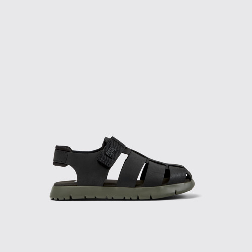 Image of Side view of Oruga # Black Leather and Textile Kids' Sandal.