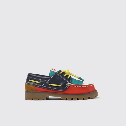 Image of Side view of Bobo Choses x Camper Multicolor Leather and Nubuck Moccasins for Kids.