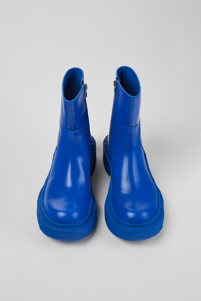 Overhead view of Vamonos Blue Leather Zip Bootie