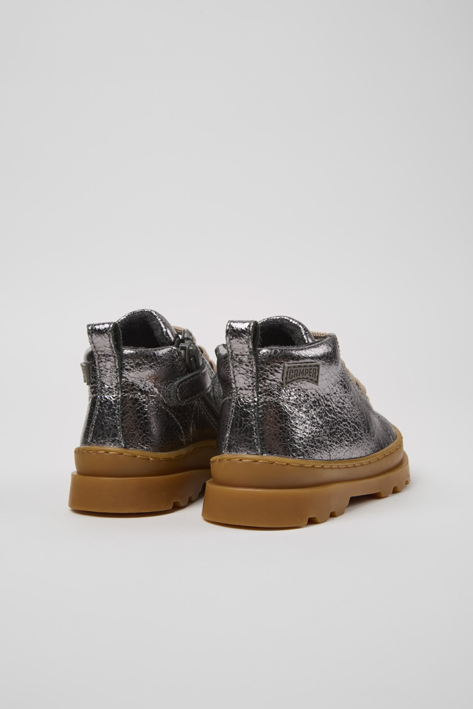 Back view of Brutus Metallic gray leather ankle boots for kids