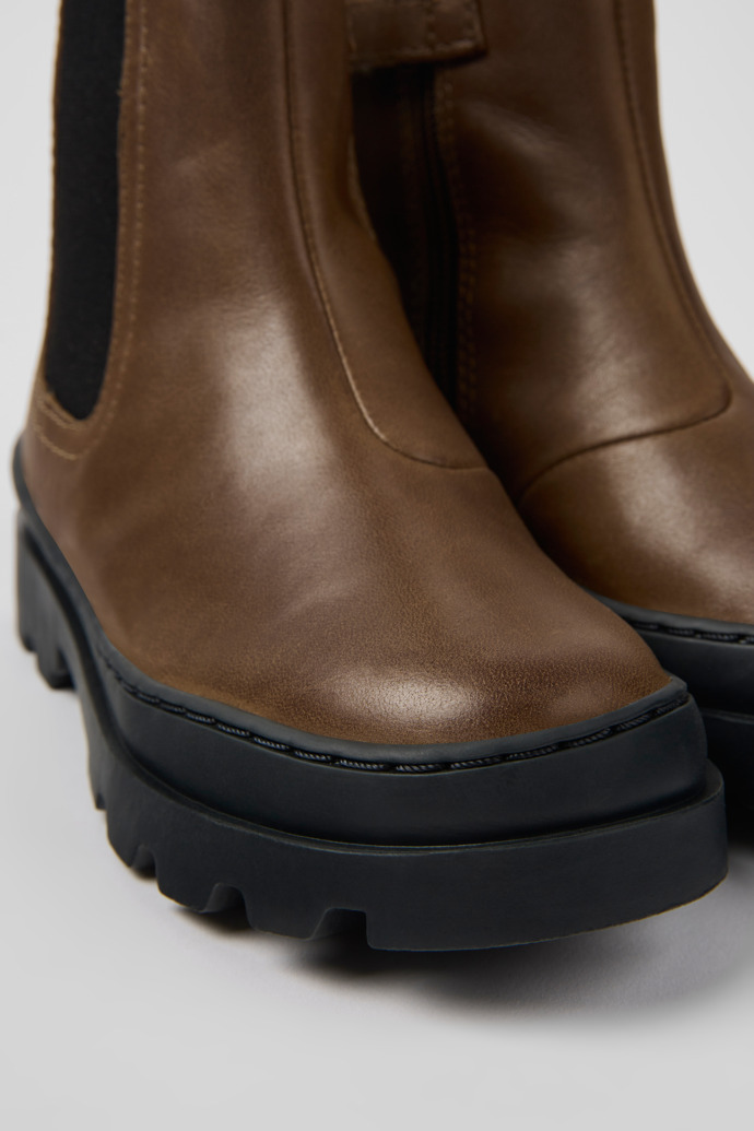 Close-up view of Brutus Brown leather Chelsea boots for kids